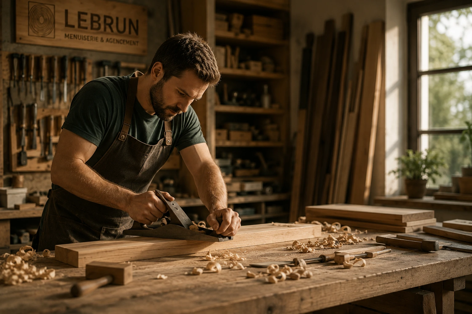 Artisan menuisier travaillant le bois à Châteaugiron